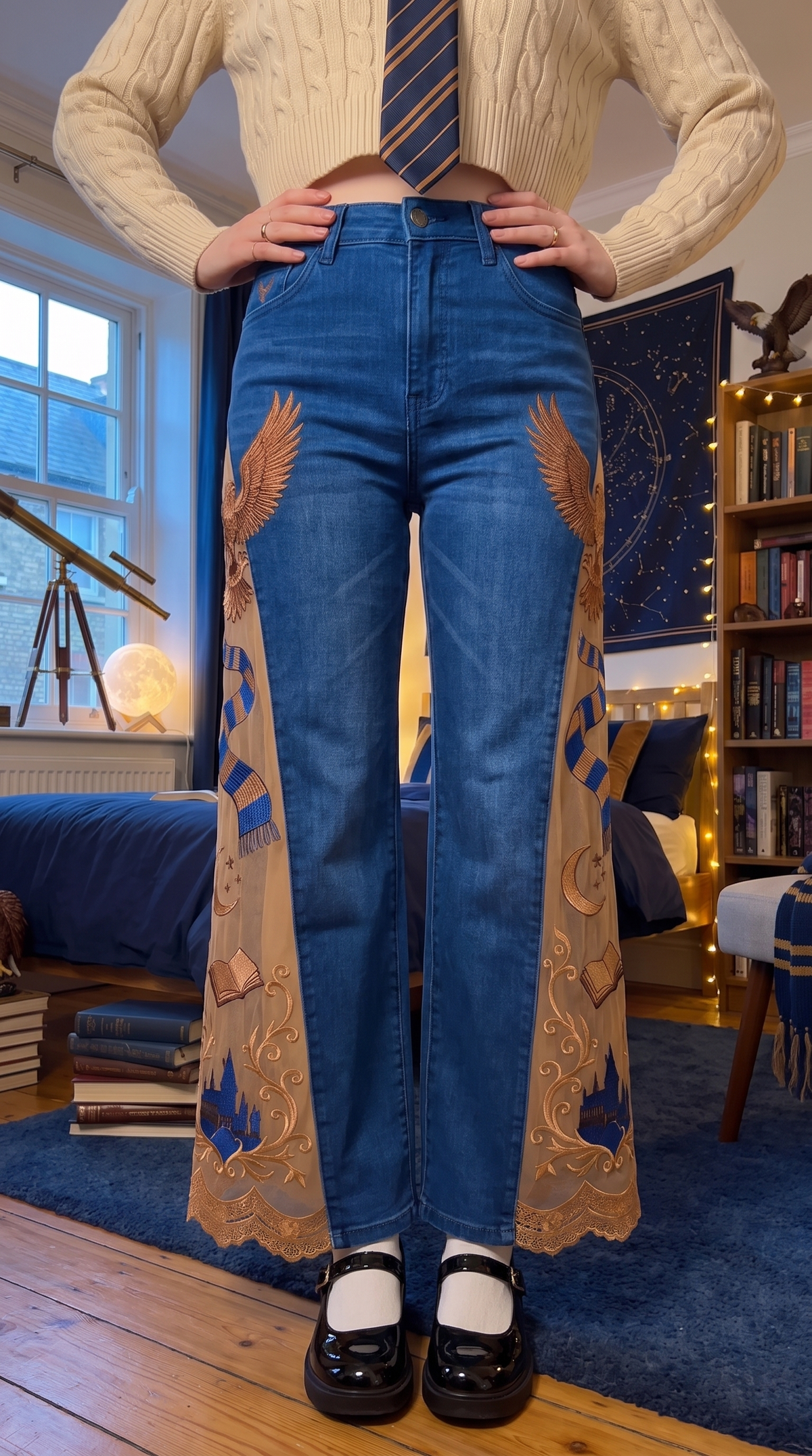 Model wearing Sapphire Eagle jeans