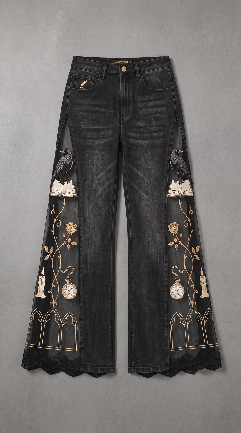 Raven bookish jeans with raven, rose vine and pocket watch embroidery