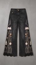 Raven bookish jeans with raven, rose vine and pocket watch embroidery