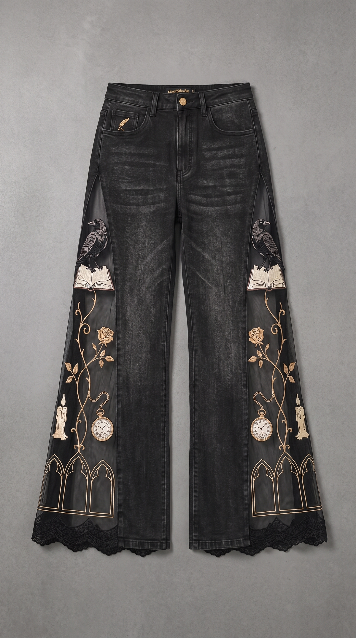 Raven bookish jeans with raven, rose vine and pocket watch embroidery