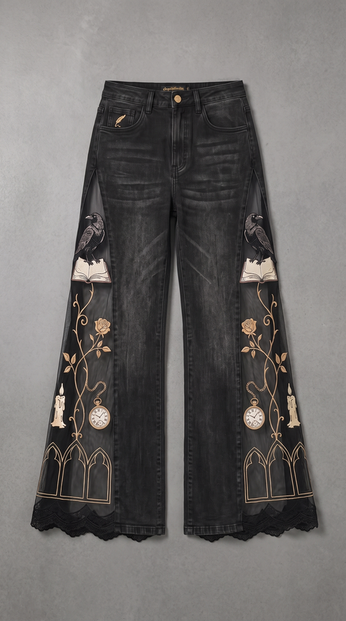 Raven bookish jeans with raven, rose vine and pocket watch embroidery