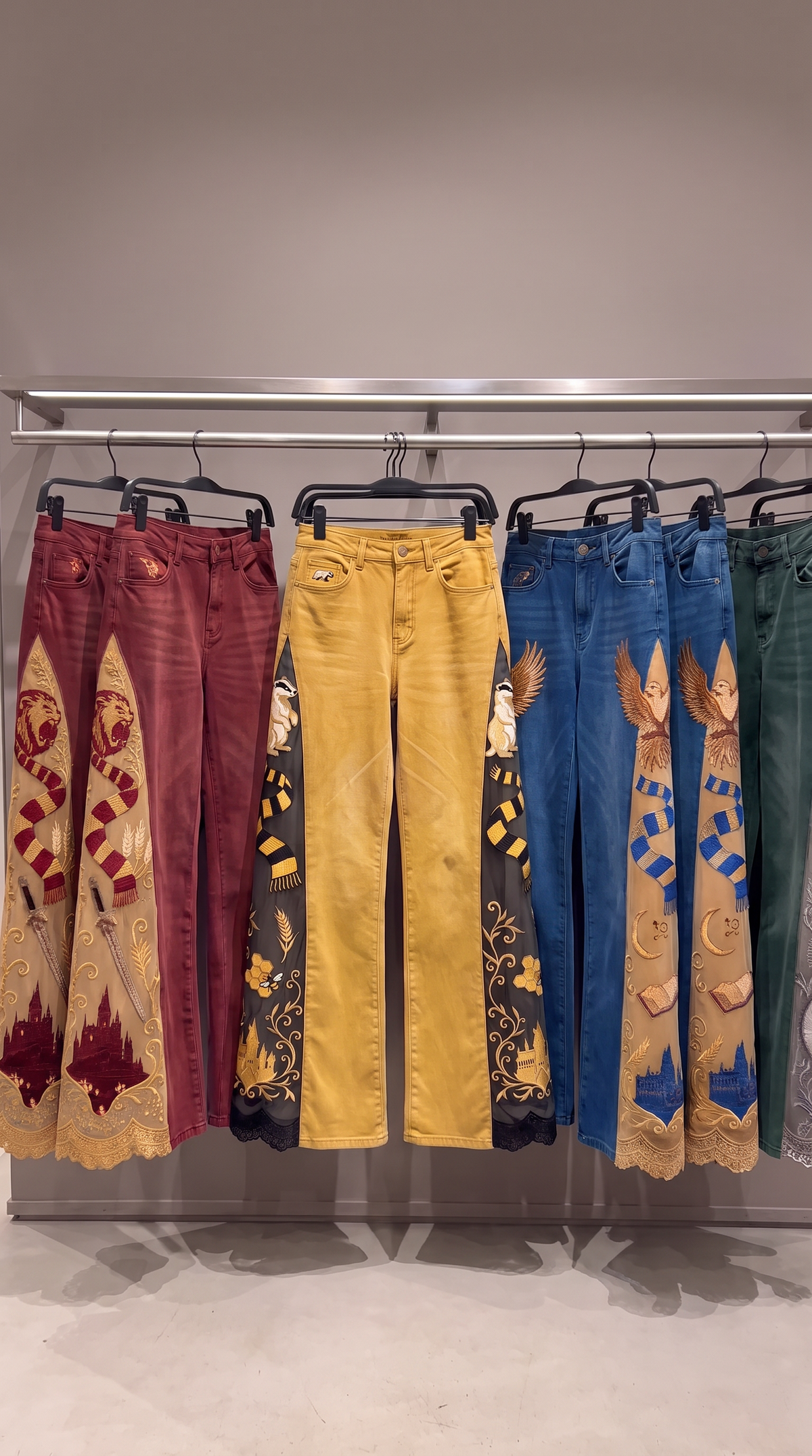 All four wizard house jeans on a store rail