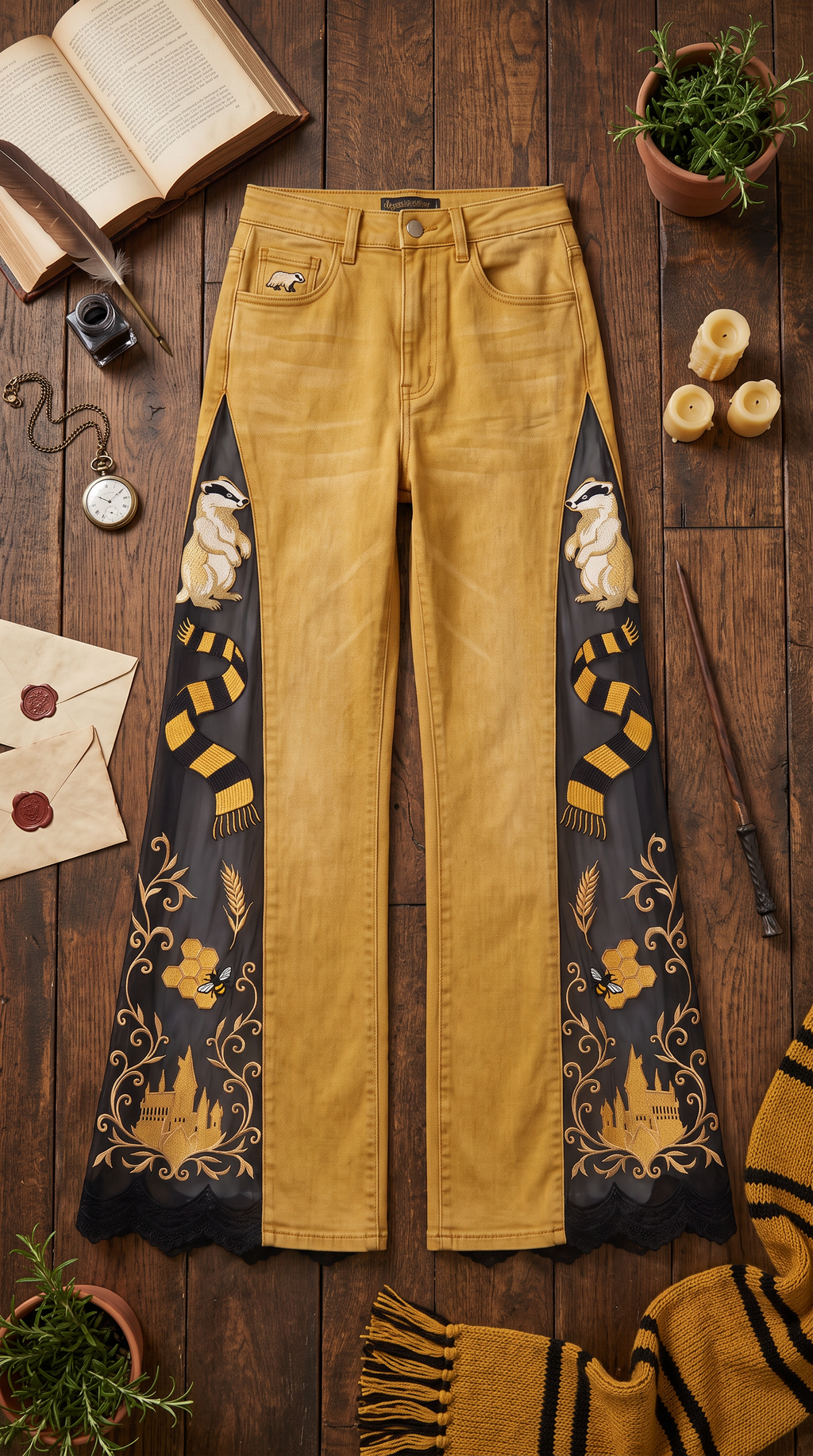 Amber Badger wizard house jeans laid flat with black badger panel