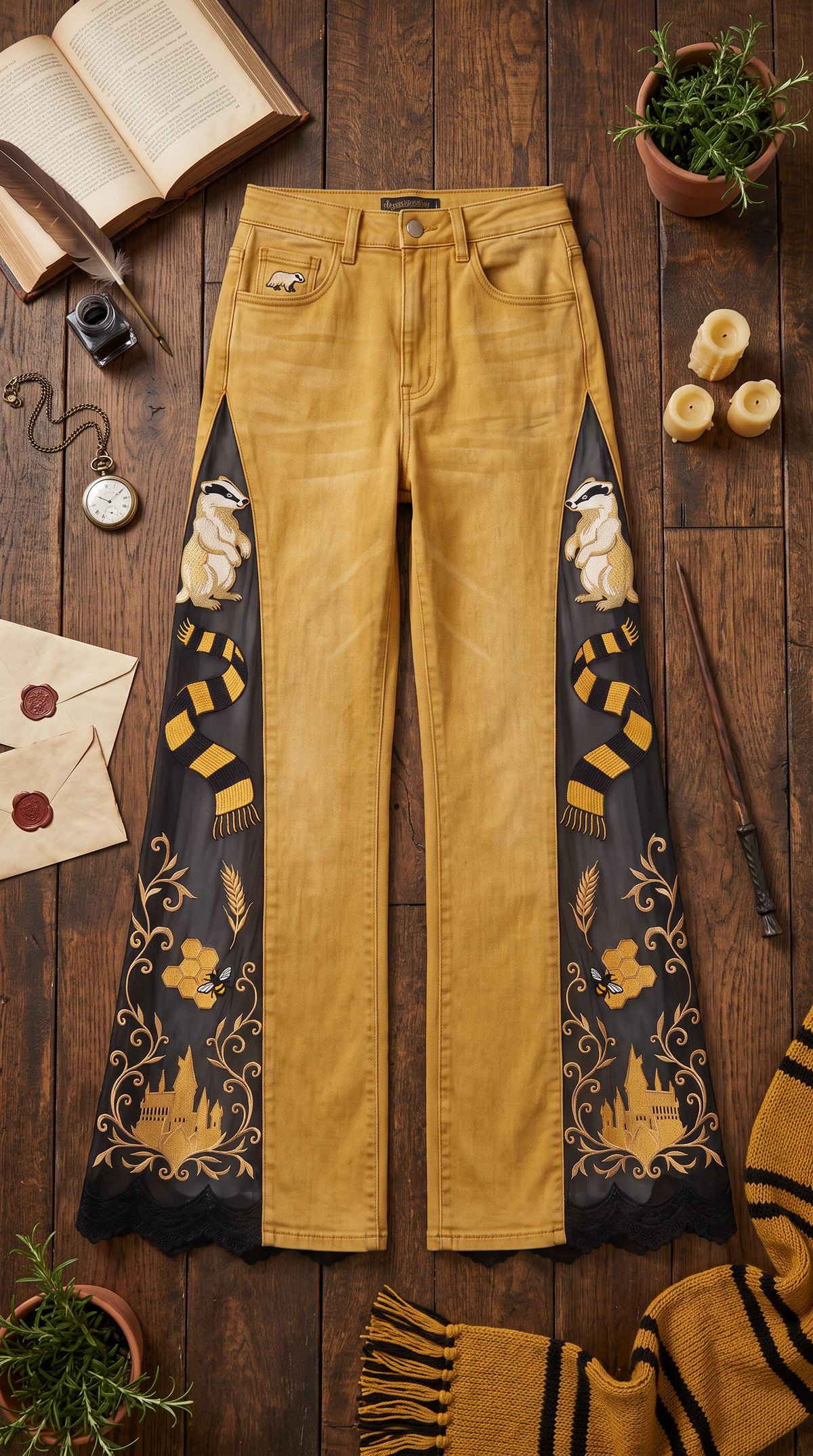 Amber Badger wizard house jeans laid flat with black badger panel