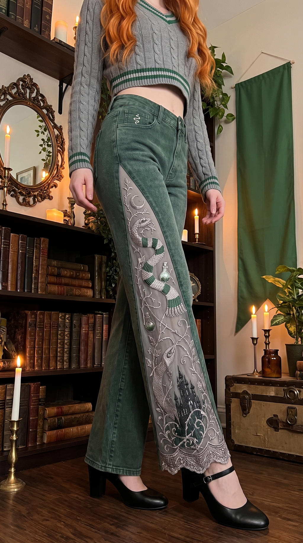 Model wearing Emerald Serpent jeans