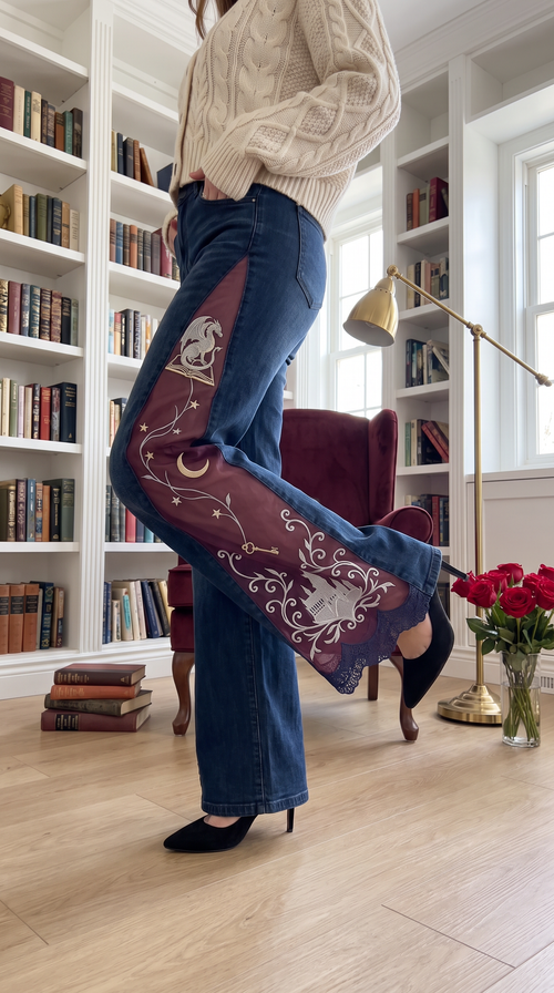 Dragon bookish jeans in midnight indigo with burgundy dragon panel